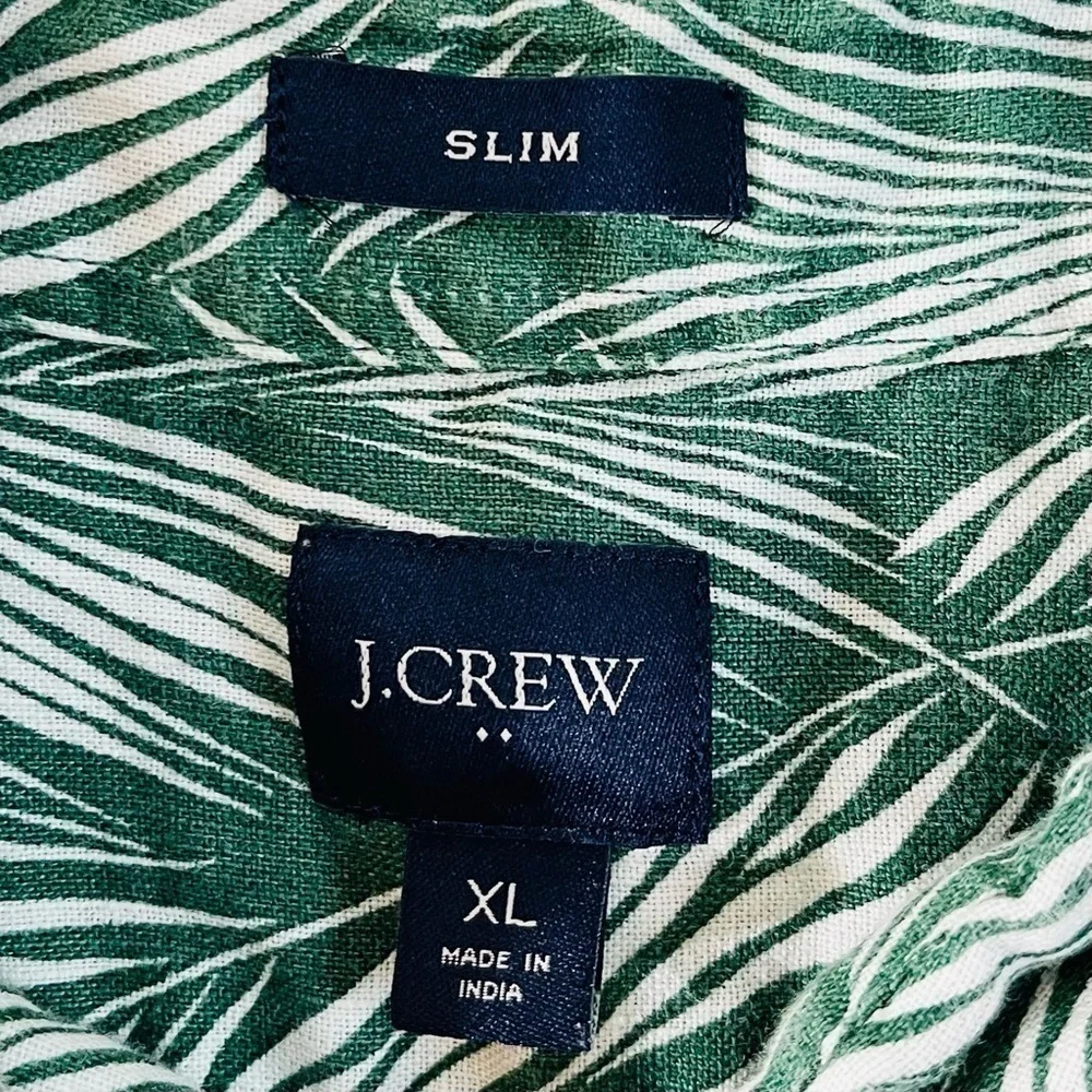 J. Crew Printed Short-Sleeve Slim Linen Blend Shirt Size XL Green/White Pockets